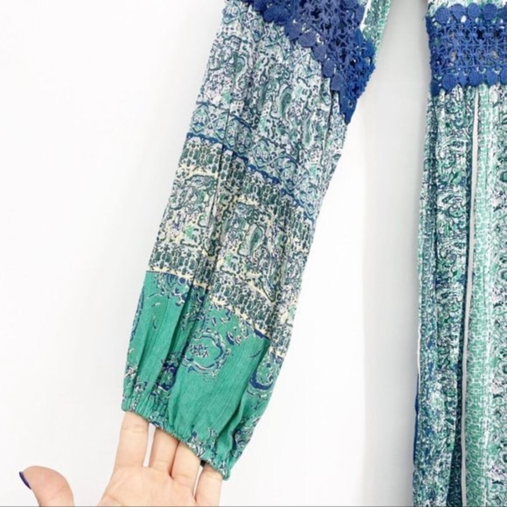 Angie Blue and Green Parsley Print w Balloon Sleeves & Lace detail S - Picture 8 of 10